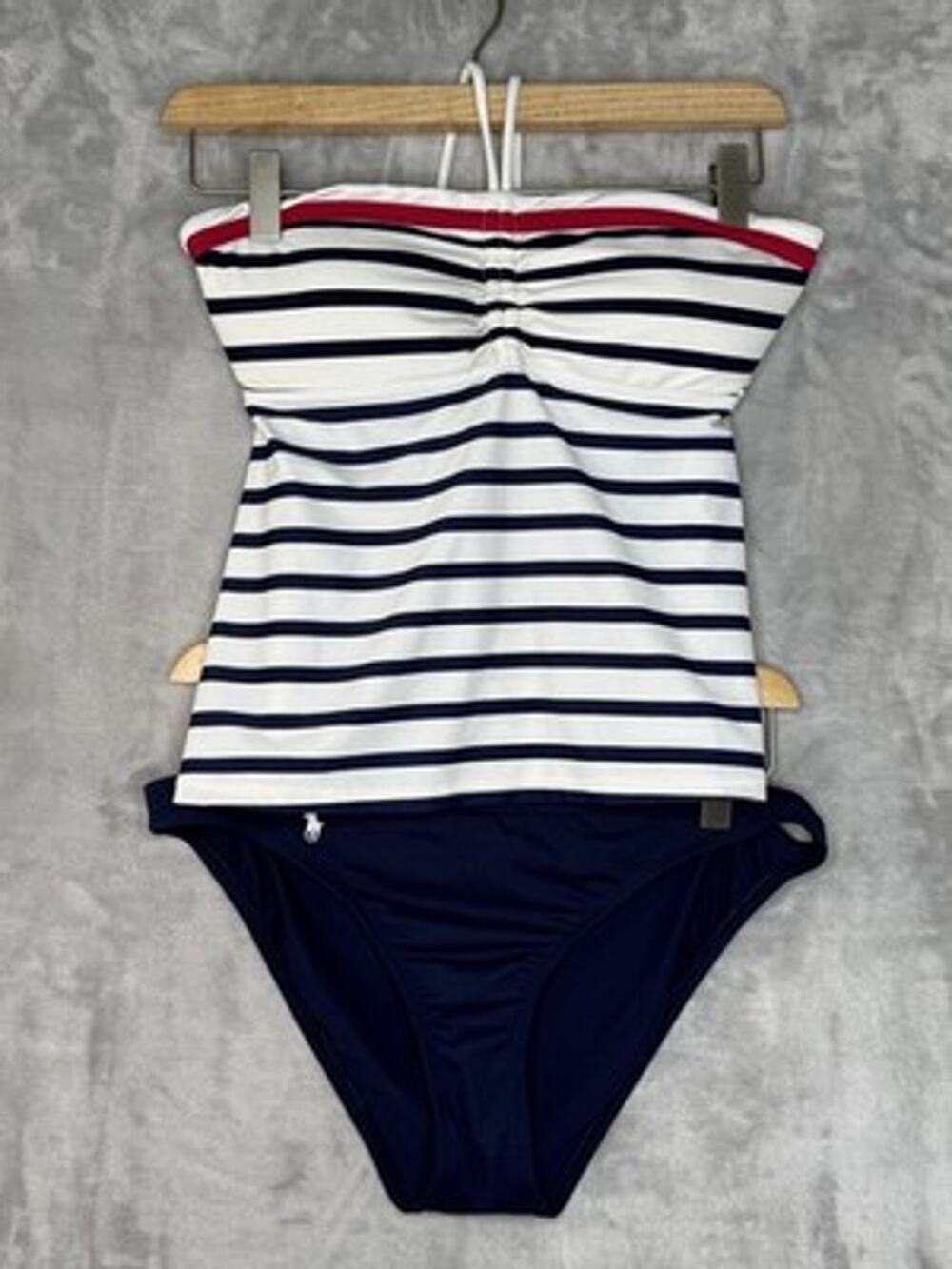 Ralph Lauren Tankini Swimsuit Womens Medium Blue Stripe Halter 2 Piece Nautical